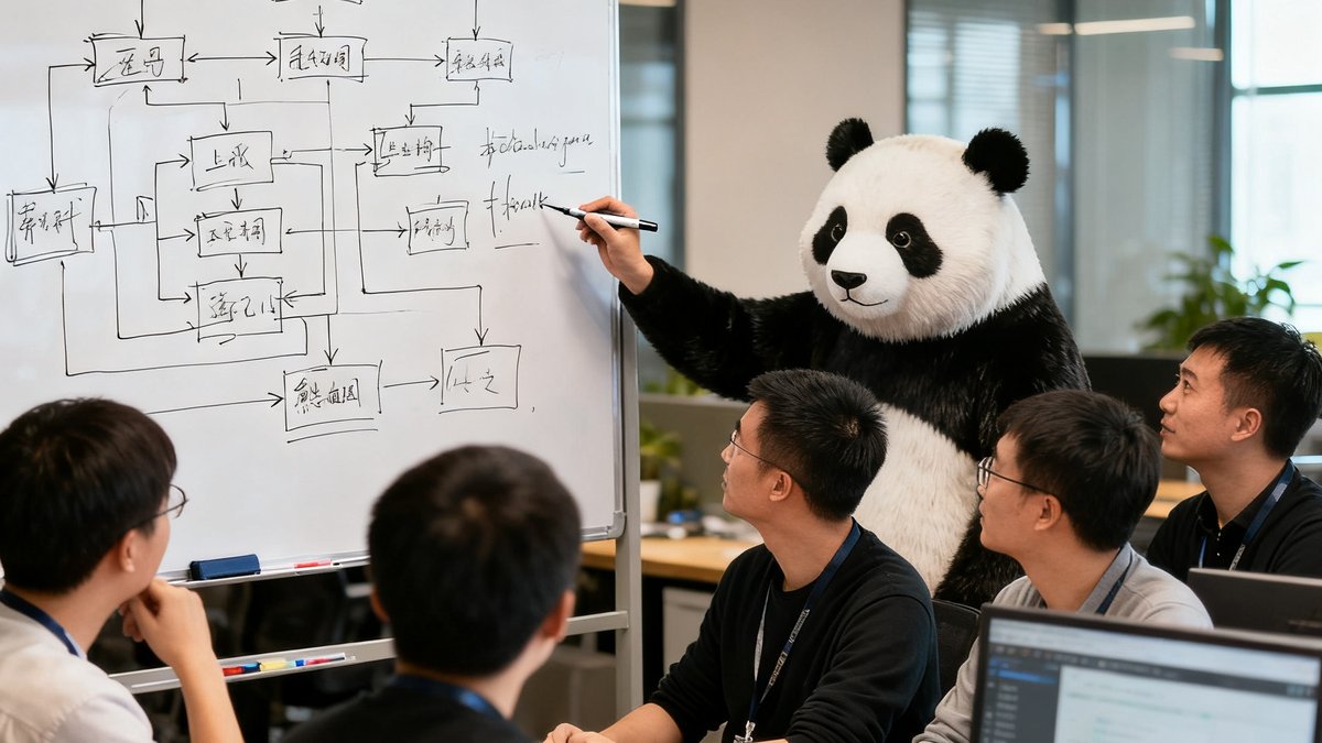 熊猫比分成都办公室团队成员在讨论数据算法的场景，白板上画满技术架构草图
